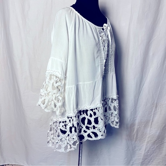 Sandra Fellini | White Boho Gauzy Guipure Lace Sequin Tunic Blouse, Large - Picture 8 of 10
